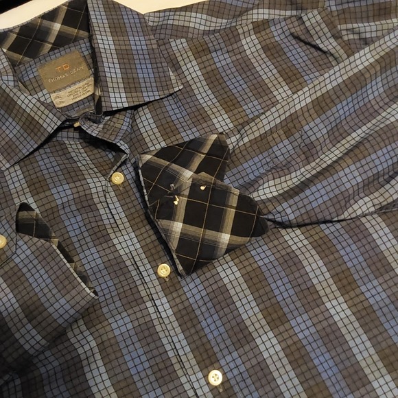 Thomas Dean‎ Long Sleeve Men's XL Button Up Blue & Gray Plaid Shirt Flip Cuff - Picture 1 of 8